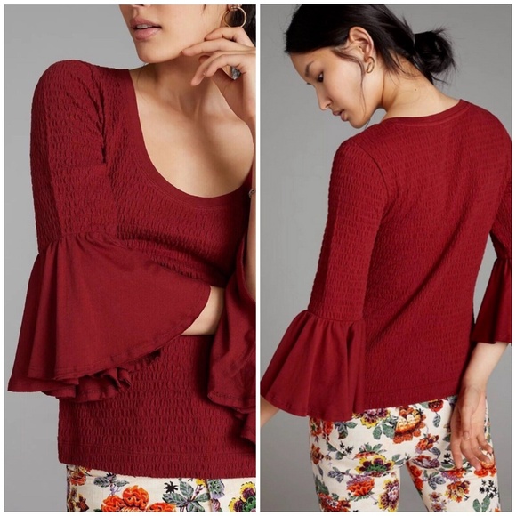 By Anthropologie Tops - BY ANTHROPOLOGIE SMOCKED BELL SLEEVE TOP XS BOHEMIAN FESTIVAL Y2K HIPPIE PEASANT